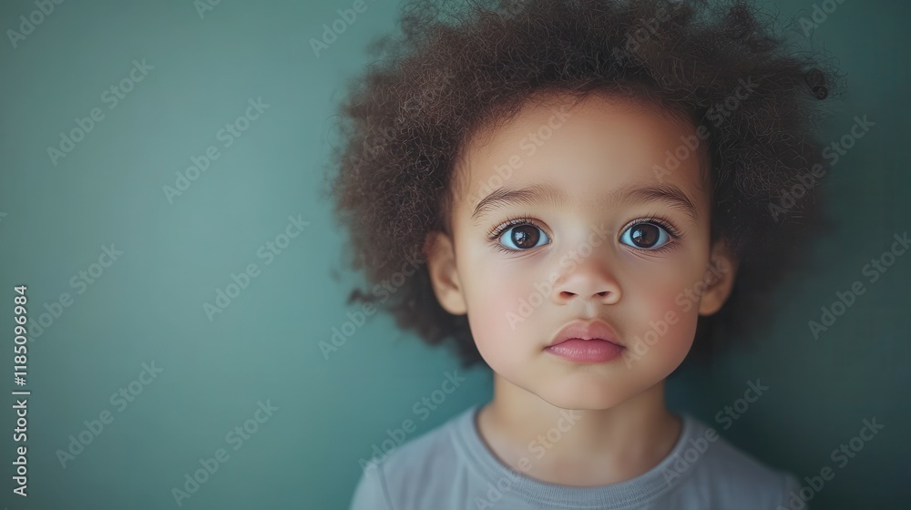 A young child with brown hair and blue eyes is looking at the camera. The child is wearing a gray shirt and has a pinkish tint to their lips. Concept of innocence and curiosity A young child with brown hair and blue eyes is looking at the camera. The child is wearing a gray shirt and has a pinkish tint to their lips. Concept of innocence and curiosity