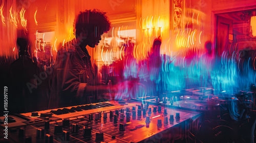 Dj playing music at house party in night club. Disco nightlife