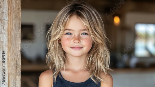 Wallpaper Mural A young girl with blonde hair and blue eyes is smiling at the camera. She is wearing a black tank top and has a light blue shirt on underneath Torontodigital.ca