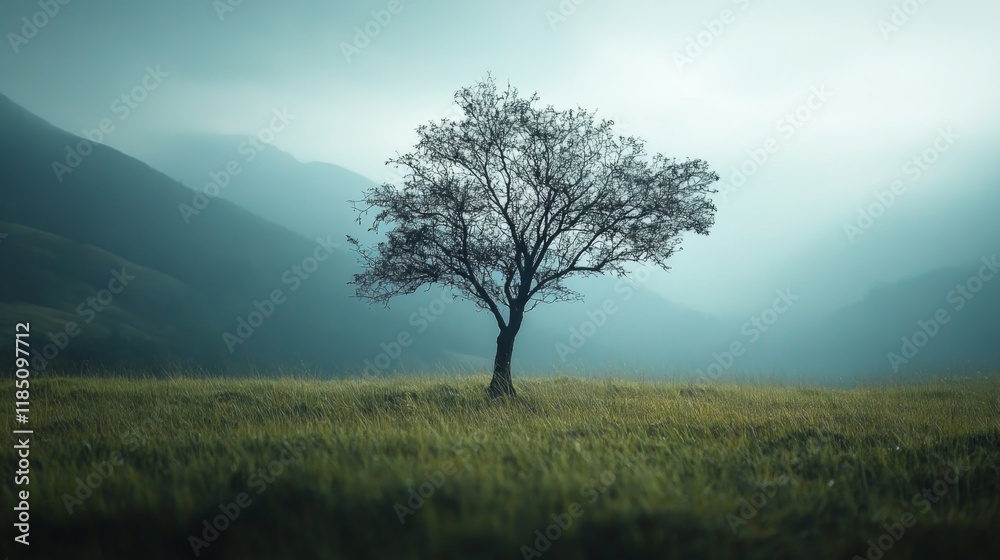 Obraz premium Lone tree on grassy field with misty mountains in background.