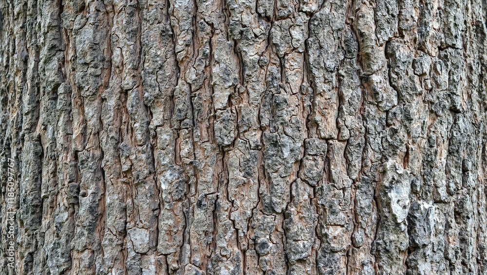 Fototapeta premium Bark texture of tree trunk with intricate patterns in rich brown and gray tones