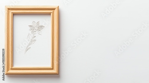 A simple wooden frame encases an embossed flower design on a white background, showcasing minimalist art.