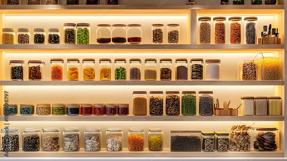 Organized pantry shelves with various dry goods in glass jars illuminated with warm light Organized pantry shelves with various dry goods in glass jars illuminated with warm light
