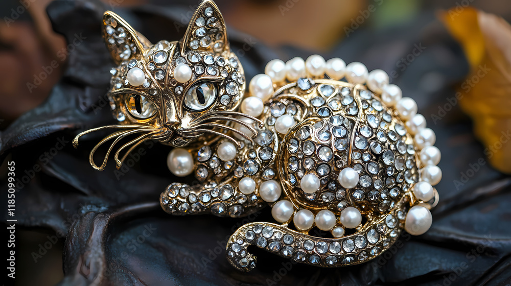 Sparkling cat brooch with pearls and rhinestones in elegant display. Rainstone. Illustration Sparkling cat brooch with pearls and rhinestones in elegant display. Rainstone. Illustration