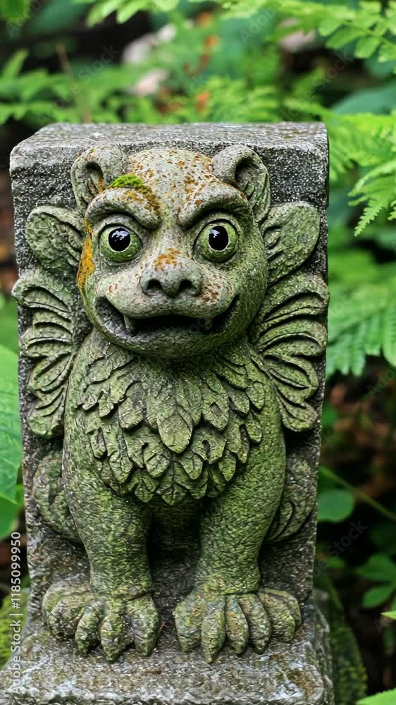 Stone guardian statue amidst lush greenery in a serene garden setting Stone guardian statue amidst lush greenery in a serene garden setting