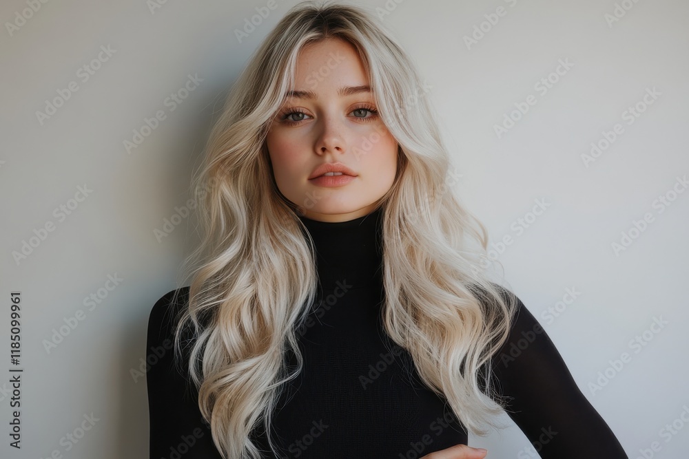 Confident young woman in black turtleneck with platinum blonde hair Confident young woman in black turtleneck with platinum blonde hair