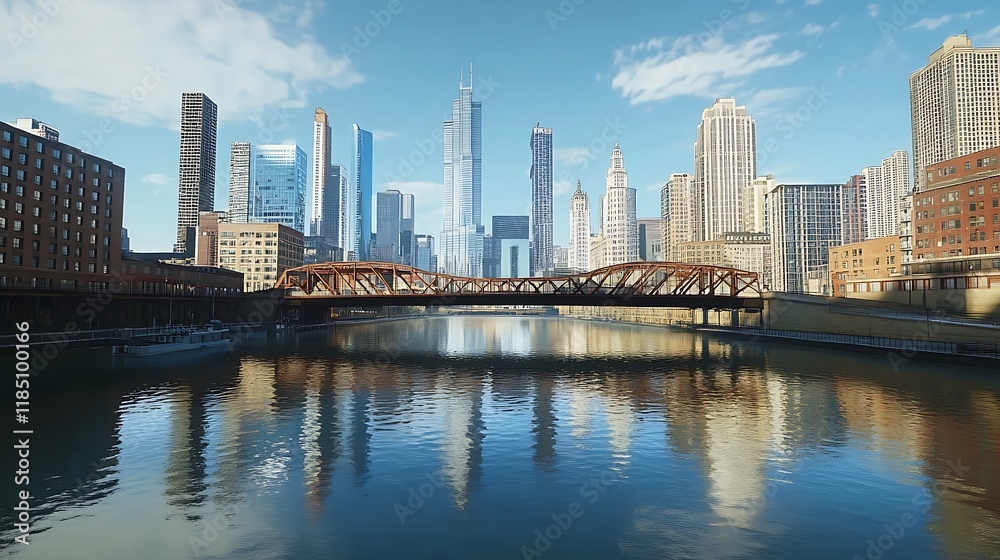 Urban Skyline Reflected in a Calm River