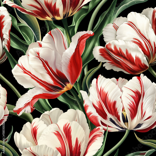 Seamless vector pattern with red and white tulip flowers isolated on a changeable background. Vintage painting style illustration.