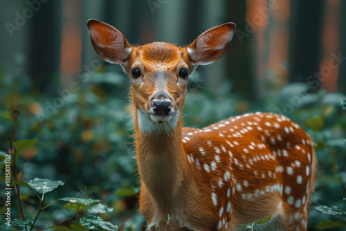 a young deer standing among the dense greenery of the forest. The deer, with large ears and bright white spots on its tawny coat, looks straight into the camera, creating a sense of direct contac  photo