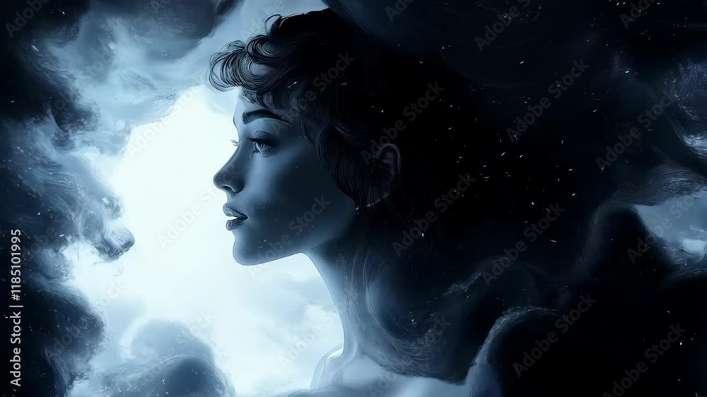 Young confident woman profile close up with night clouds and stars abstractly flowing around her, blending with her hair in ethereal way. Concept of unity with universe