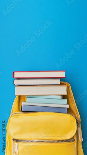 YELLOW SCHOOL BAG WITH BOOKS ON TOP ON BLUE BACKGROUND with copy space vertically 9:16