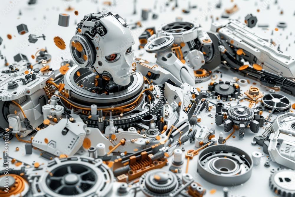 Futuristic robot amidst mechanical parts Futuristic robot amidst mechanical parts