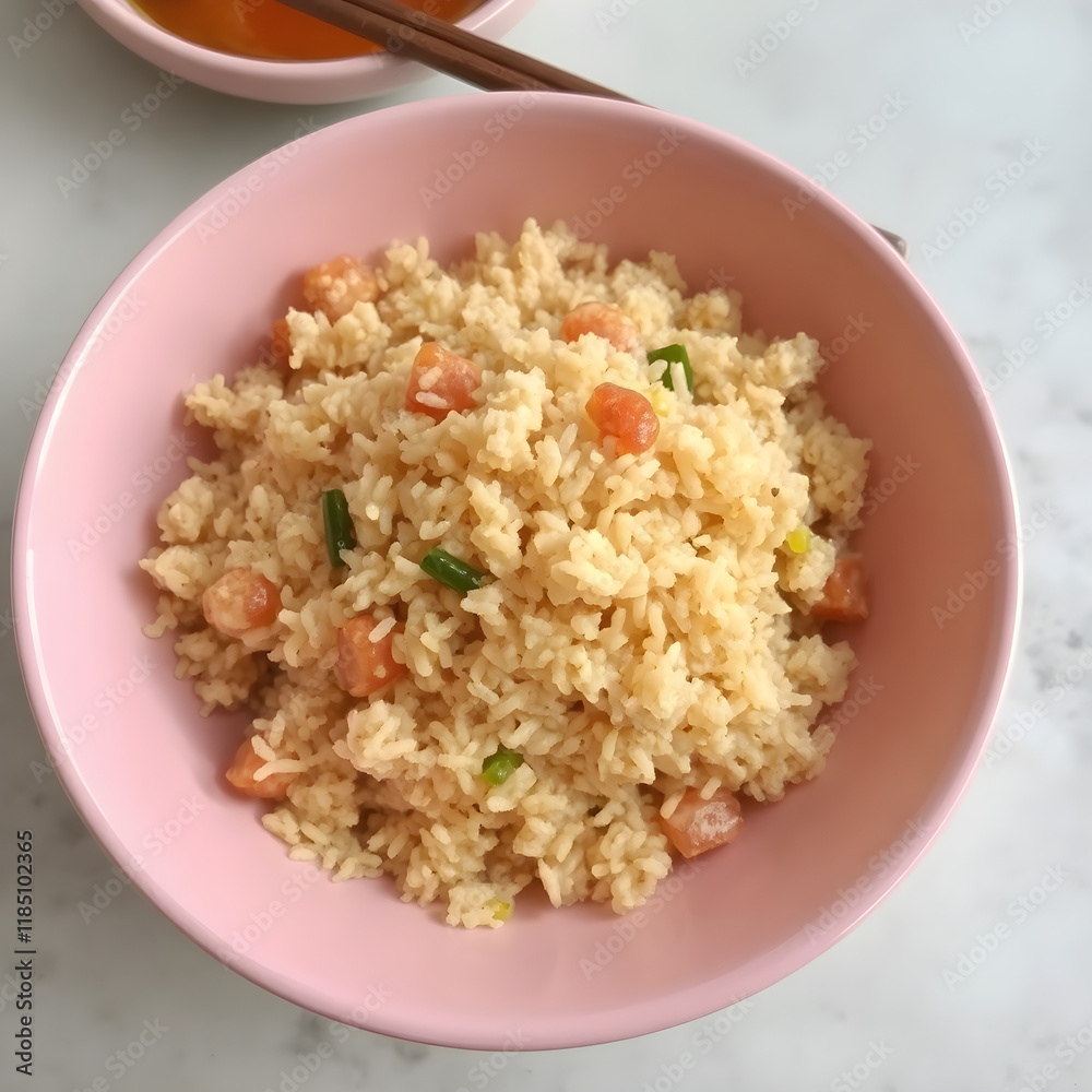 Un rico plato de arroz frito con huevo y con verduras Un rico plato de arroz frito con huevo y con verduras