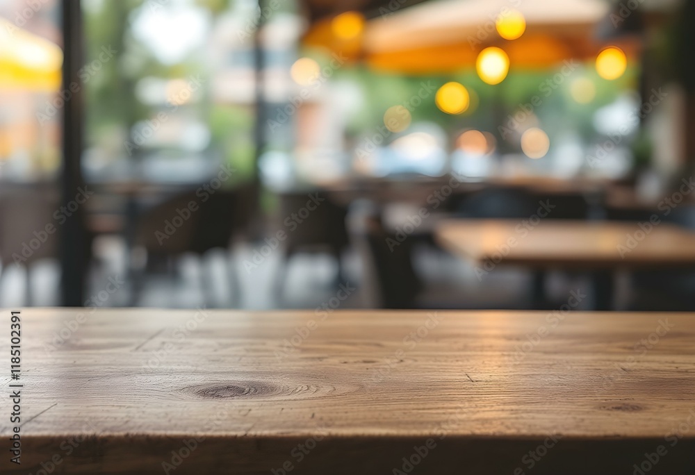Empty wood table with blur interior outdoor space coffee restaurant or cafe for background Empty wood table with blur interior outdoor space coffee restaurant or cafe for background