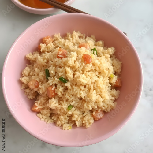 Un rico plato de arroz frito con huevo y con verduras