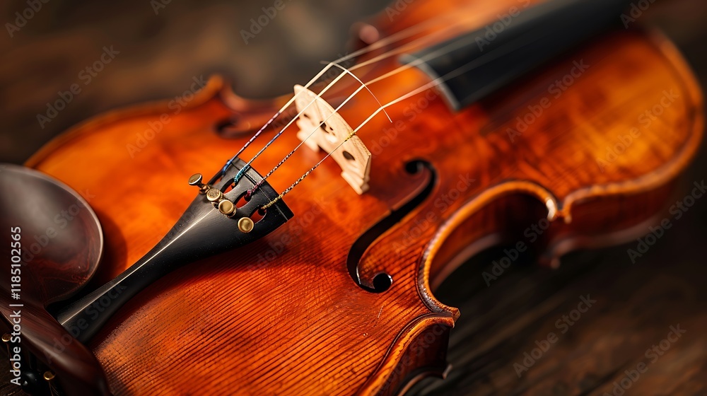 Fototapeta premium Close-up of a vintage violin resting on a wooden surface, showcasing its intricate details and rich, warm tone.