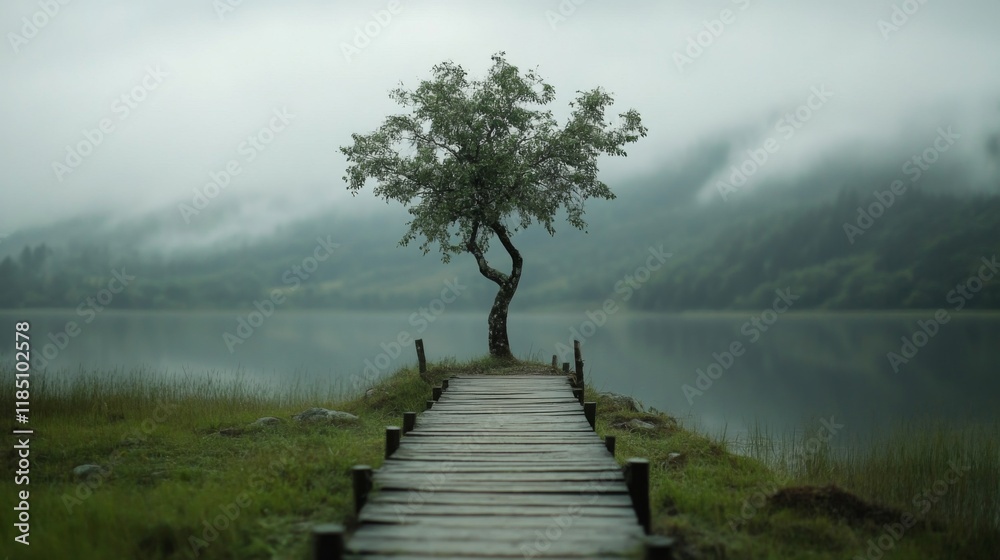 Fototapeta premium Solitary tree on a misty lake with wooden dock.
