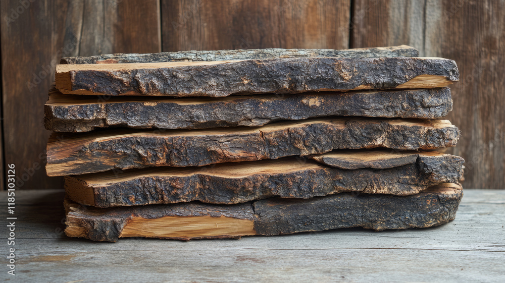Stack of rough wooden slabs on a wooden surface. Stack of rough wooden slabs on a wooden surface.