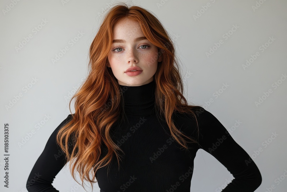 Confident young woman in black turtleneck with wavy red hair