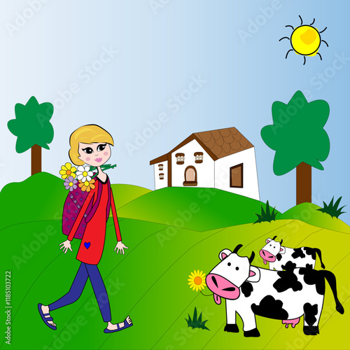 Paisaje de campo con mujer paseando y vacas pastando.