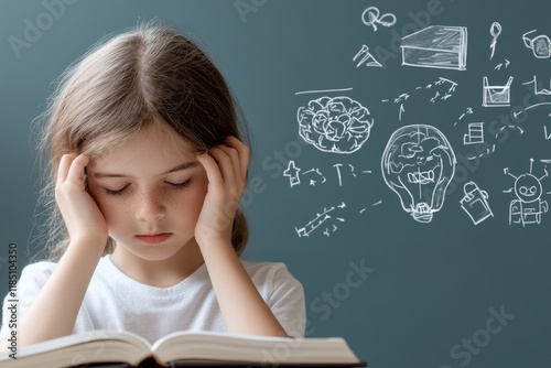 A young girl looks frustrated as she reads a book, with her hands on her head. Behind her, a chalkboard displays doodles and concepts related to learning, emphasizing her struggle photo