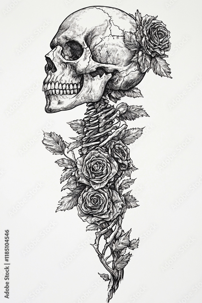 custom made wallpaper toronto digitalSkull and Rose Leg black and white illustration