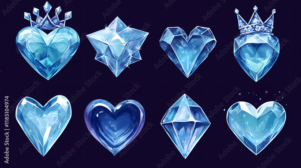 Fototapeta premium Game icons of diamond crystals in abstract, star, heart, and crown shape. vector cartoon set of blue shiny gems or stones of glass, ice or rhinestone isolated on background. Rainstone. Illustration