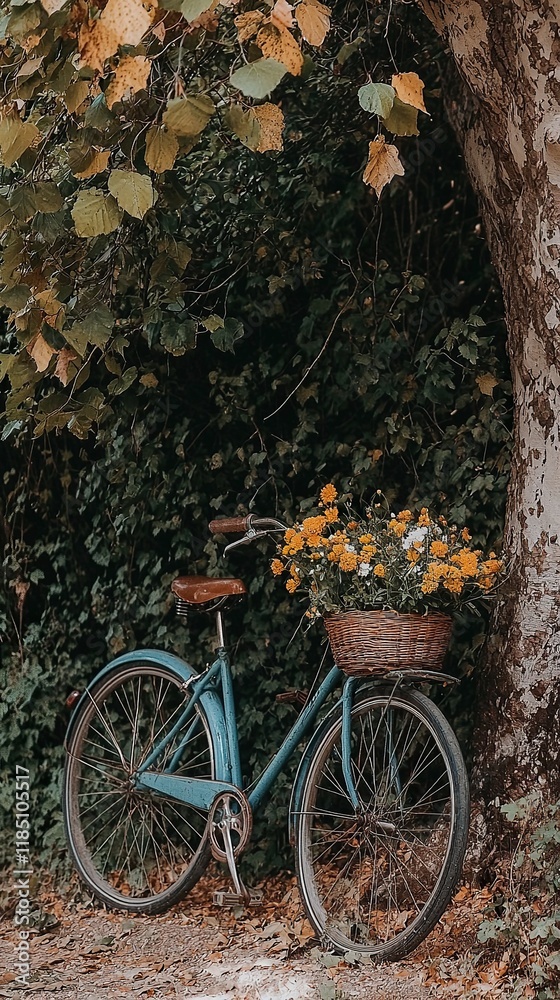Bicycle with basket of spring flowers beside tree on a sunny day Bicycle with basket of spring flowers beside tree on a sunny day