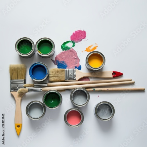 Wallpaper Mural Colorful paint cans, vibrant acrylic colors, paintbrushes, artistic supplies, flamingo shapes, creative workspace, top-down view, white background, art materials, DIY crafts, bright palette, flat lay  Torontodigital.ca