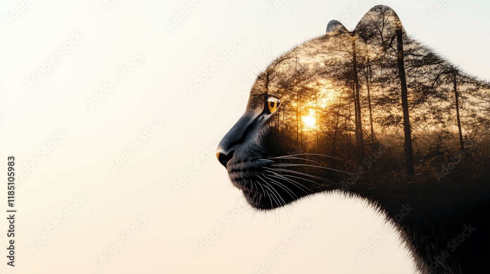Obraz premium Majestic Black Panther Double Exposure Portrait with Jungle and Sunrise Sky, White Background