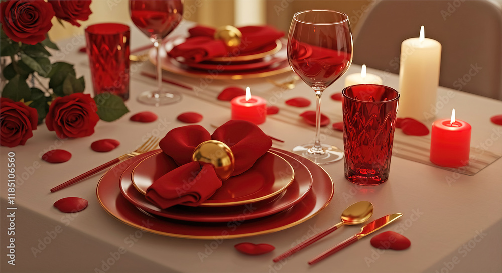 Red tableware cutlery for two for Valentine's Day dinner Red tableware cutlery for two for Valentine's Day dinner