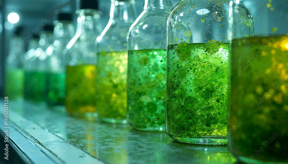 Test tubes with green and blue liquids containing microorganisms and plant life, perfect for biotech and pharmaceutical research visuals Test tubes with green and blue liquids containing microorganisms and plant life, perfect for biotech and pharmaceutical research visuals