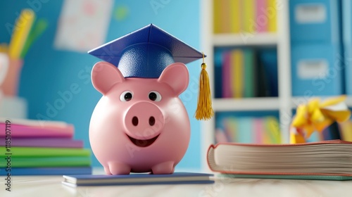 Graduation celebration with a piggy bank classroom setting 3d animation bright colors