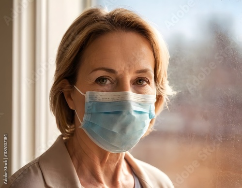 Middle aged Woman in Protective Mask by Window During Pandemic COVID, isolation during a pandemic photo