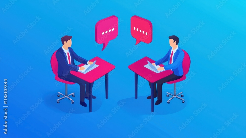 Business meeting conversation between two colleagues at office desks in bright environment Business meeting conversation between two colleagues at office desks in bright environment