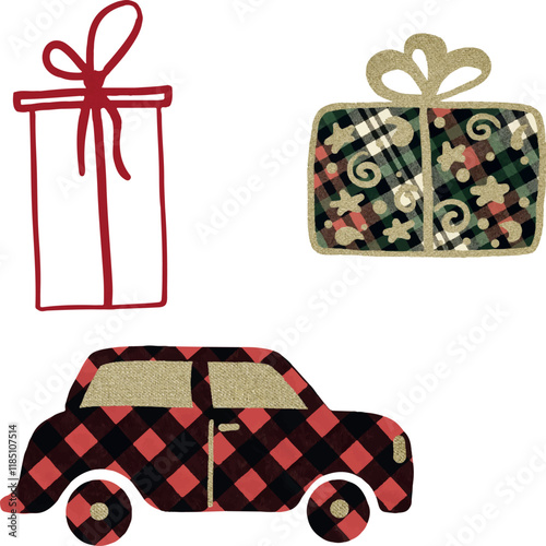 Christmas car, gift box, cone, tartan plaid, red, gold, green. Christmas ornaments, Christmas Eve, Christmas toys, festive, decoration. Vector, set, collection. Watercolor, Vintage. Greeting design, i