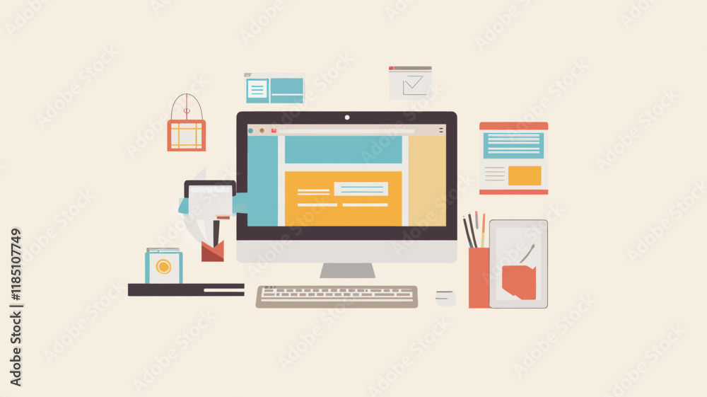 Modern Web Design and Development Concept with Computer and Digital Tools for UI UX Design, Creative Workspace, Software Development Illustration Modern Web Design and Development Concept with Computer and Digital Tools for UI UX Design, Creative Workspace, Software Development Illustration