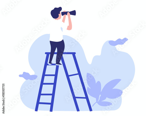 Businessman Climbing Ladder with Binoculars Seeking Job Opportunities Concept - Minimalist Flat Vector Illustration for Employment and Career Search