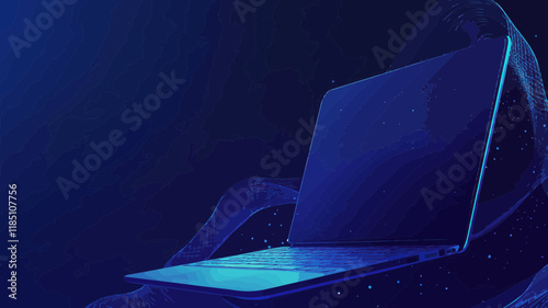 3D Laptop with Blue Abstract Mesh Background and Circles, Lines and Shapes on Vector Starry Sky Concept for Business Technology Design