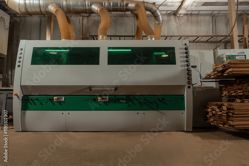 Woodworking production equipment in an industrial workshop. Ventilation pipes and tables loaded with material are visible. Spacious room demonstrates the scale and technological nature of the process.