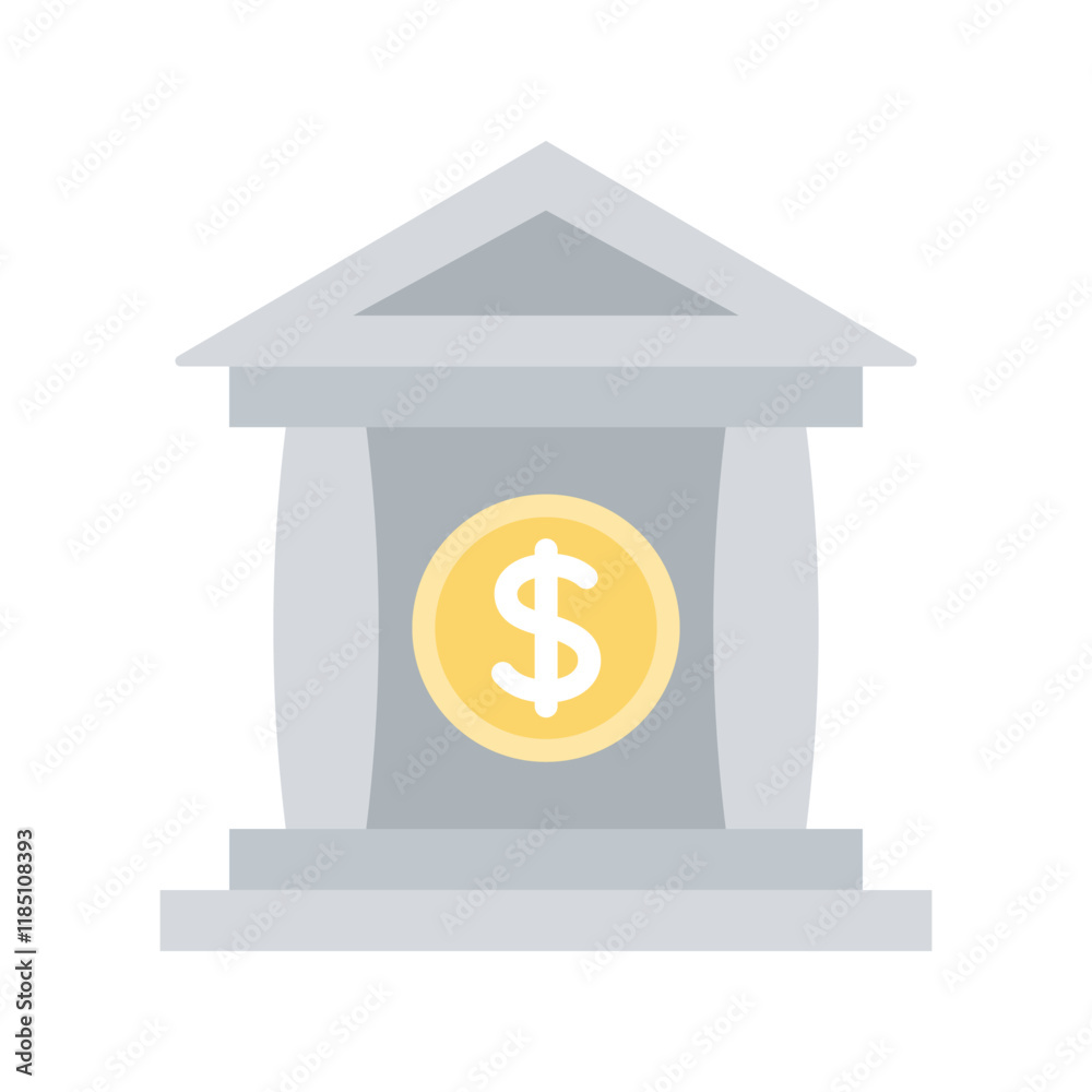 Bank building with a golden dollar coin on the front, financial security and banking services. Bank building with a golden dollar coin on the front, financial security and banking services.