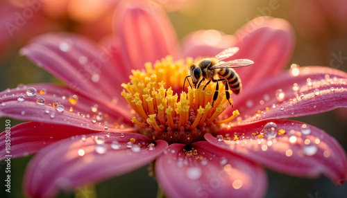 A honeybee collecting nectar from a red hibiscus bloom, illuminated by golden sunlight, capturing the essence of natural harmony and ecological balance