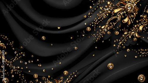 Black fabric with ornate gold jewelry and rhinestone detail. Rainstone. Illustration