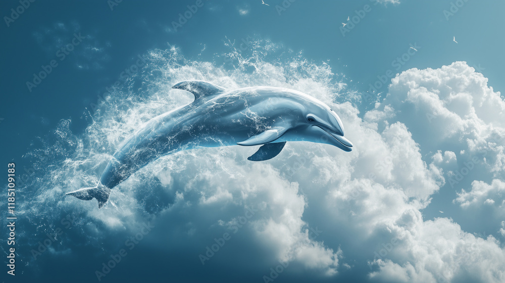 Obraz premium Wispy clouds forming a playful dolphin leaping out of an invisible ocean