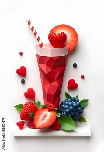 Berry and fruit smoothie in geometric paper style. It looks like an origami sculpture. photo