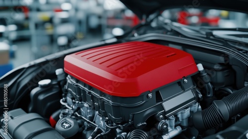 Wallpaper Mural Close-Up View of a Modern Car Engine Featuring a Vibrant Red Air Intake Cover in a Workshop Setting Torontodigital.ca