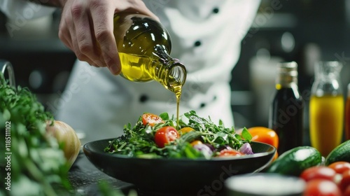 Chef pouring olive oil on a fresh salad. photo