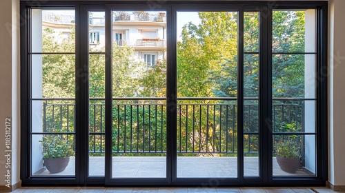Modern apartment interior with large black framed glass doors leading to a balcony overlooking green trees and city buildings.