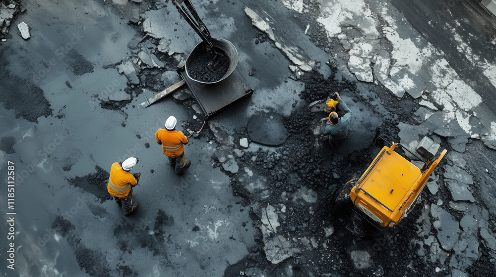 Road Workers Repairing a Damaged Street Using a Jackhammer and Asphalt Mixer, with a Project Manager Monitoring Progress Road Workers Repairing a Damaged Street Using a Jackhammer and Asphalt Mixer, with a Project Manager Monitoring Progress
