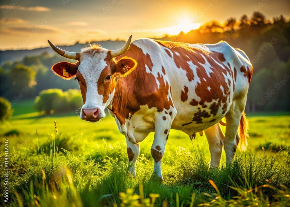 Adorable Spotted Cow Grazing in Lush Green Pasture - Rural Idyll Stock Photo Adorable Spotted Cow Grazing in Lush Green Pasture - Rural Idyll Stock Photo